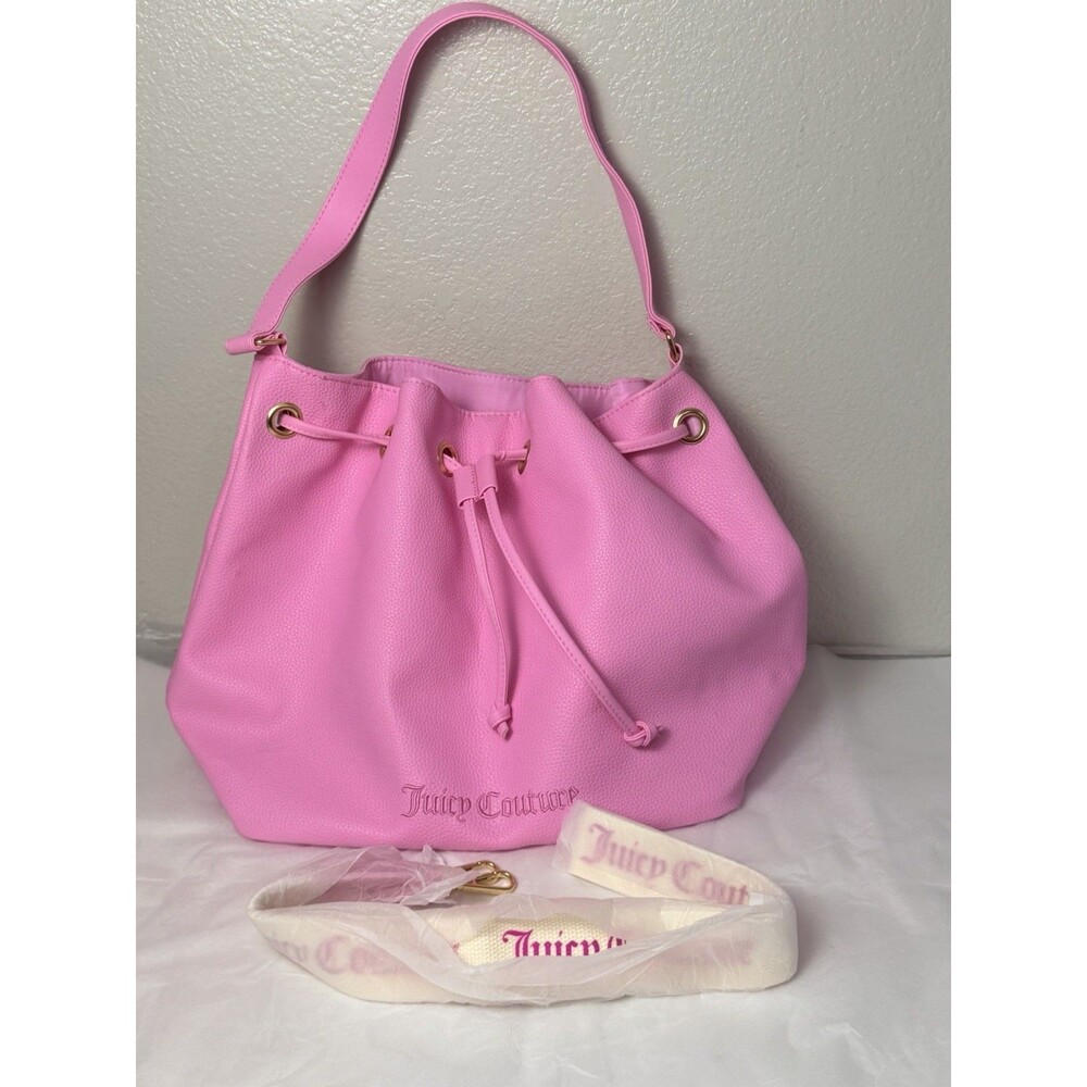 Juicy Couture Pink Faux Leather Drawstring Bucket Bag Logo Strap NWOT